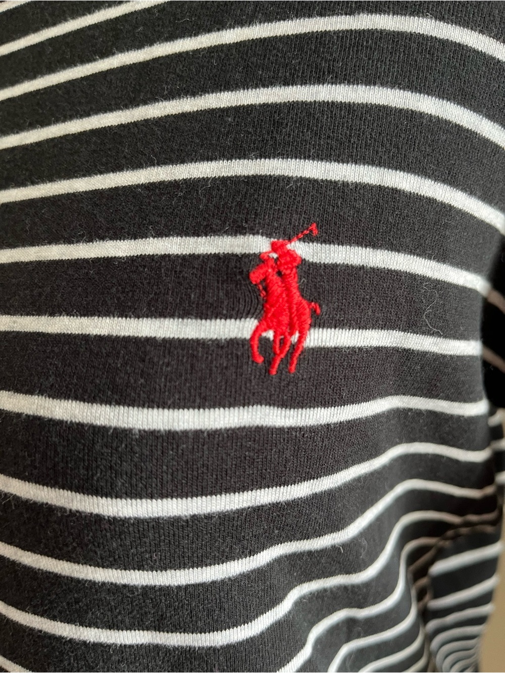 Ralph Lauren Black & White Striped Crewneck with Red Pony Logo